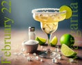 Illustration referring to International Margarita Drink Day. Drink, glass, lime slices, salt, text and ice cubes