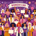 Illustration referring to International Women\'s Day. Multiple women from different trades, some holding blank signs