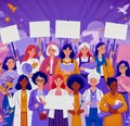 Illustration referring to International Women\'s Day. Multiple women, some holding blank signs to fill in with text