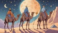 Illustration referring to Three Kings Day or Epiphany day. Three wise men riding their camels between mountains, magical sky with