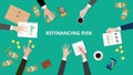 Illustration of Refinancing risk discussion situation in a meeting with paperworks, money and coins on top of table Royalty Free Stock Photo