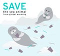 The illustration reflects the current environmental problems of the seals, ice is constantly melting from water pollution and plas Royalty Free Stock Photo