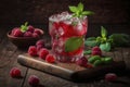 illustration, refreshing raspberry cocktail with ice and mint, ai generative