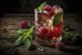 illustration, refreshing raspberry cocktail with ice and mint, ai generative