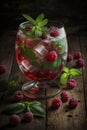 illustration, refreshing raspberry cocktail with ice and mint, ai generative