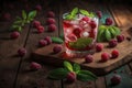 illustration, refreshing raspberry cocktail with ice and mint, ai generative