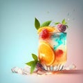 Illustration of a refreshing summer cocktail with berries, soda, juice, orange slices, mint leaves and ice cubes on a trendy Royalty Free Stock Photo