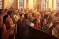 Illustration of a religious christian scene in a church with people around, A congregation sharing the peace of Christ during a