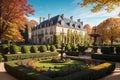 Renaissance style French Castle in a French Garden in autumn - Generative AI