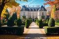 Renaissance style French Castle in a French Garden in autumn - Generative AI