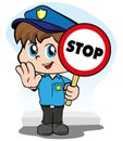 Illustration representing a child police uniform with a sign signaling to stop. Ideal for educational