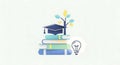 Graduation Cap on Books with Growing Tree and Lightbulb Education, Knowledge, Ideas Royalty Free Stock Photo