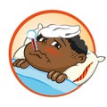 Illustration represents an afro-descendant child sick in bed with symptoms of fever and with a thermometer in the mouth