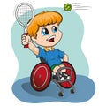 Illustration represents blond boy in a wheelchair playing tennis, Paralympic wheelchair sport, games