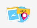 Illustration that represents the concept of EXIF data, featuring a digital photo frame and a globe with location markers