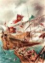 Ancient illustration of the naval battle of lepanto taken from the book entitled the lion of damascus by emilio salgari