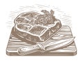 Hand drawn sliced grilled bull steak on wooden board with knife. Illustration for restaurant menu or butcher shop