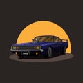 Illustration of Retro american muscle car supercharger turbo with sunset on background concept in cartoon vector Royalty Free Stock Photo