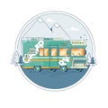 Illustration with a retro camper on the background of mountains. Line style.