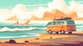 Illustration Of Retro Camper Van On The Beach Generative AI