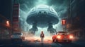 illustration of a retro fantasy scene with a lone astronaut in front of a giant alien car in a city street