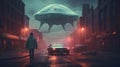 illustration of a retro fantasy scene with a lone astronaut in front of a giant alien car in a city street