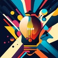 Illustration of a retro lightbulb on a colorful background. Generative AI