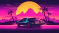 Illustration of a retro sports car of the 1980s at the Egyptian pyramids. Retro-futuristic landscape. Generative AI