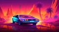 Illustration of a retro sports car of the 1980s at the Egyptian pyramids. Retro-futuristic landscape. Generative AI