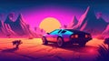 Illustration of a retro sports car of the 1980s at the Egyptian pyramids. Retro-futuristic landscape. Generative AI