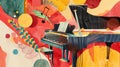Illustration in retro style comprises piano and abstract paper cuts in a mixed media collage