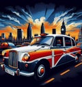 illustration of a retro vintage english taxi in cityscape postcard from london