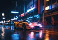 Illustration of a retrofuturistic racing supercar in the city