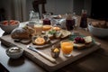 Illustration of rich family breakfast. Table full of food and beverage. Generative AI Royalty Free Stock Photo