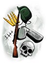 Illustration rifle, helmet, skull, military plates and bullets