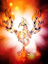 Illustration of rising Phoenix against red dark background as symbol of rebirth. Elements are layered separately in vector file.