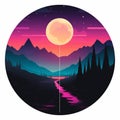 an illustration of a river and mountains with a full moon in the background Royalty Free Stock Photo