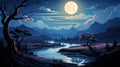 an illustration of a river at night with a full moon Royalty Free Stock Photo