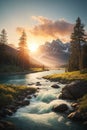 Illustration of river stream with sunset Royalty Free Stock Photo