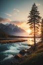 Illustration of river stream with sunset Royalty Free Stock Photo