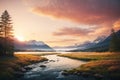 Illustration of river streamwith sunset Royalty Free Stock Photo