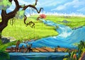 Illustration: The Riverside. Tree, Flowery Fields, and Bridge. Royalty Free Stock Photo