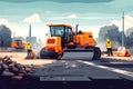 Illustration of road construction workers and a bulldozer working on the street Royalty Free Stock Photo