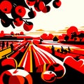 Illustration of a road with red apples in the foreground and people in the background Generative AI