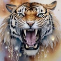 Illustration of a roaring tiger\'s head, close-up. Tiger is white and brown. Open mouth of a tiger with white fangs. Royalty Free Stock Photo