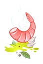 Illustration for roasted prawn recipe. Olive oil, shrimps with garlic, bay leaf, dill, and spice.