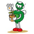Illustration of a robot character mascot, under general services and care of a flower