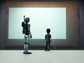 Illustration of a robot and a child looking at a blank whiteboard