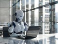 illustration Robot humanoid use laptop and sit at table in future office while using AI thinking brain, artificial intelligence Royalty Free Stock Photo