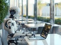 illustration Robot humanoid use laptop and sit at table in future office while using AI thinking brain, artificial intelligence Royalty Free Stock Photo